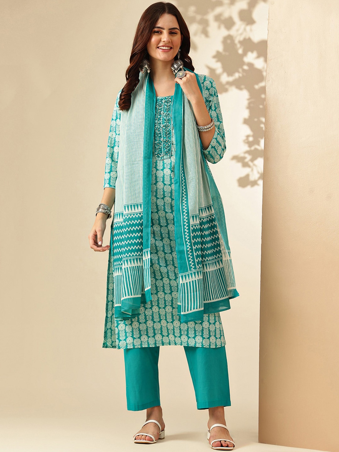 

KALINI Floral Printed Thread Work Cotton Straight Kurta with Trousers & Dupatta, Sea green