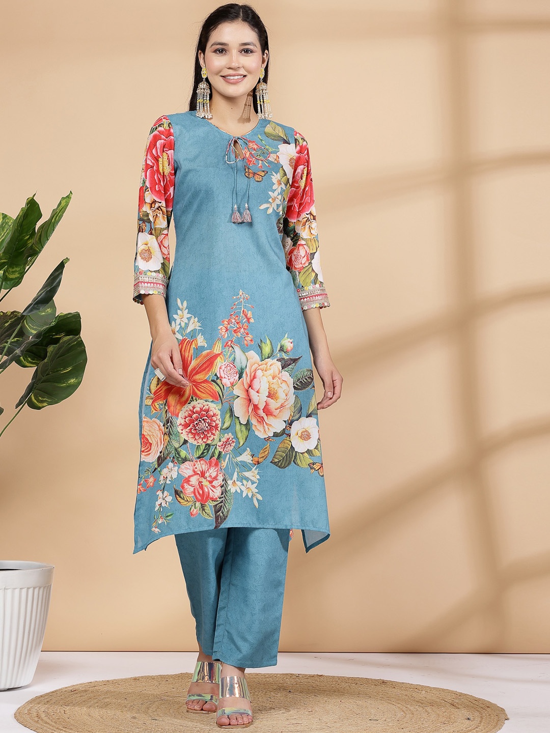 

Nayam By Lakshita Floral Printed Kurti and Palazzo Co-ord Set, Teal
