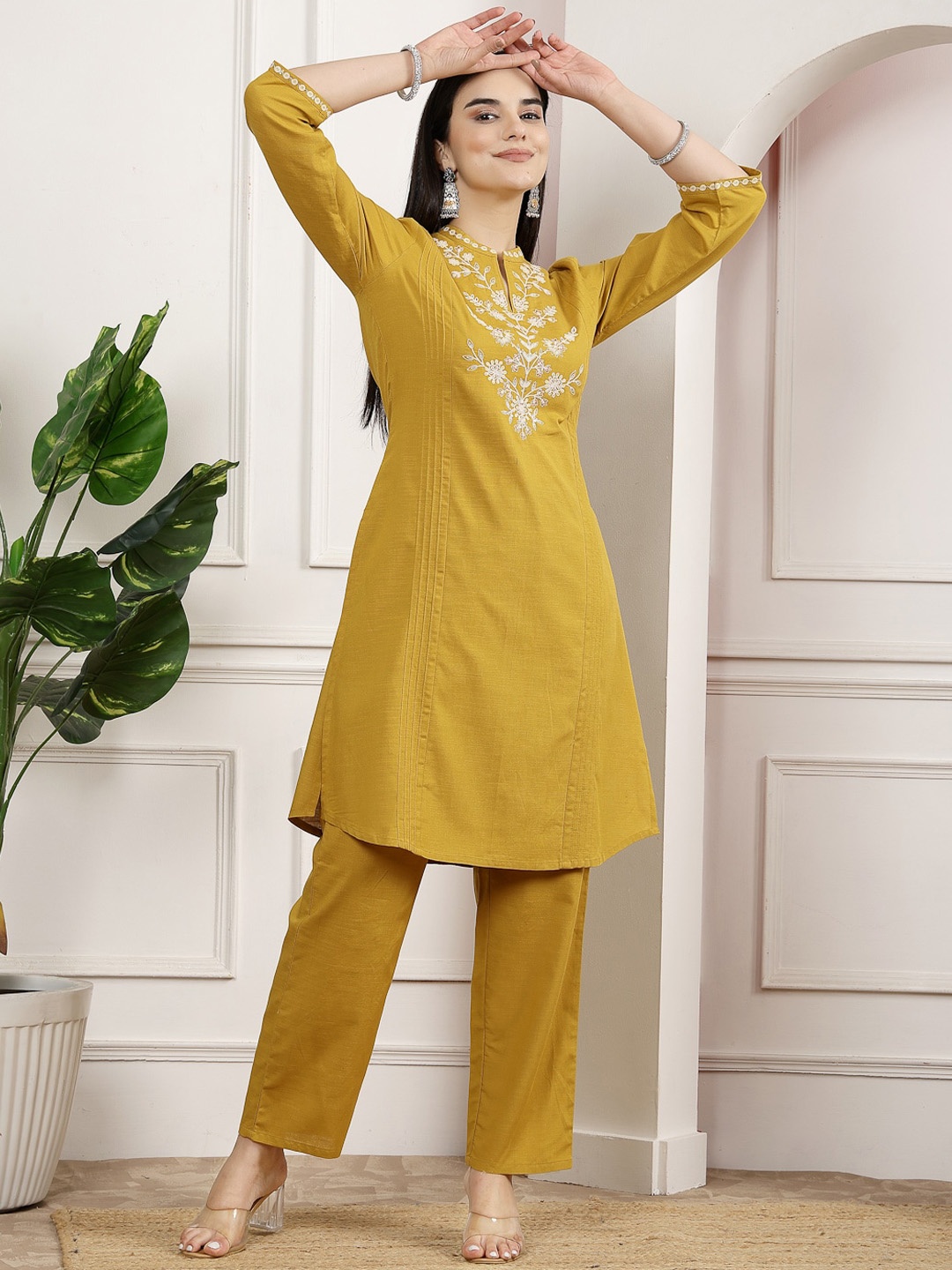 

Nayam By Lakshita Floral Embroidered Regular Linen Kurta with Trousers, Mustard