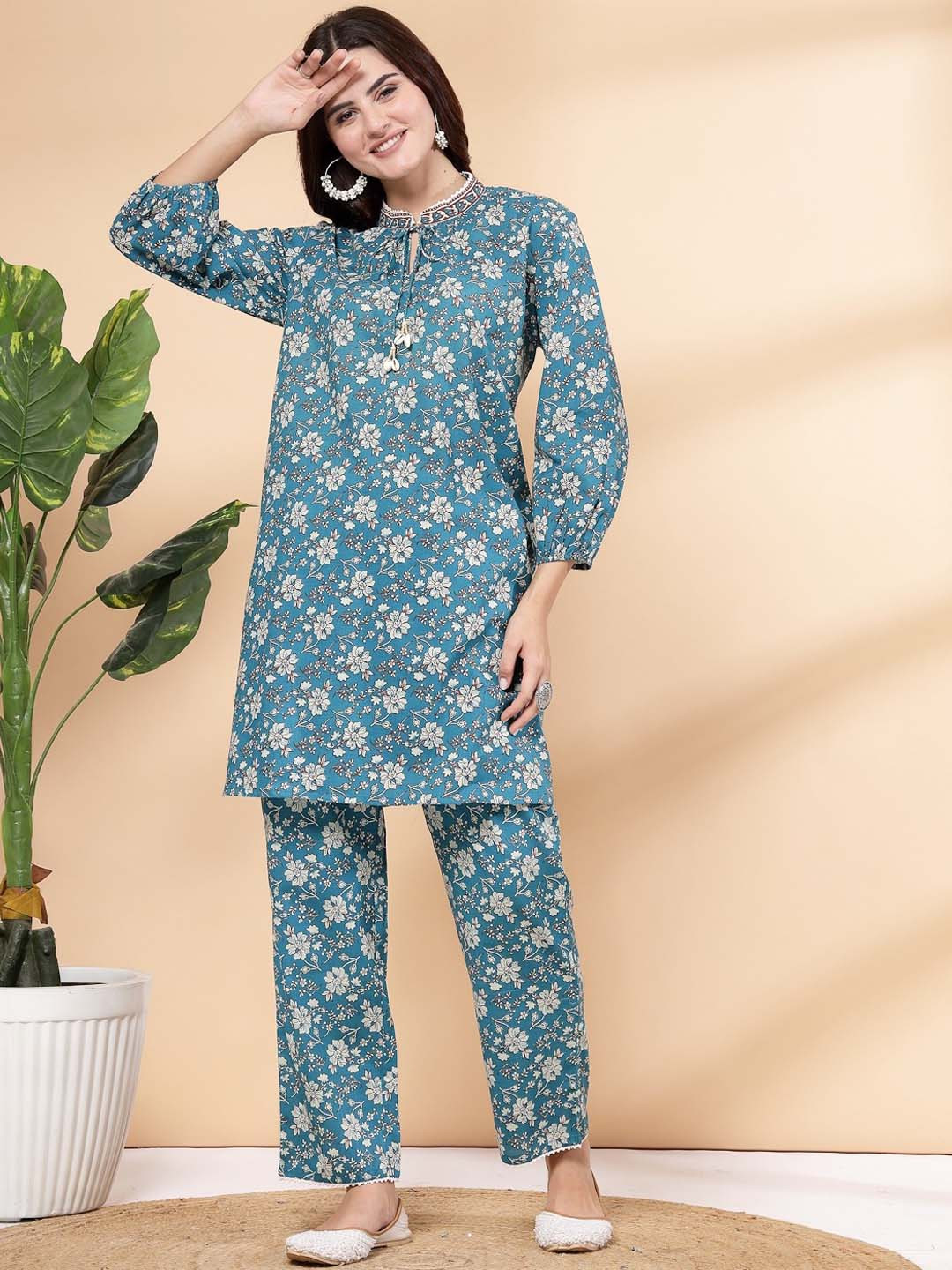 

Nayam By Lakshita Floral Printed Tunic and Palazzo Co-ord Set, Blue
