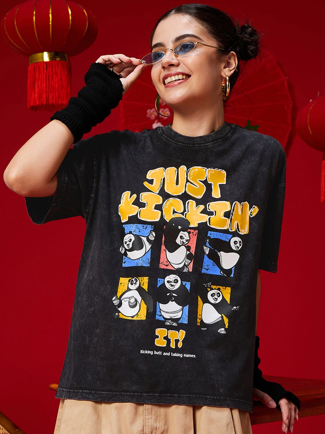 

Bewakoof Black Kung Fu Panda Drop-Shoulder Sleeves Acid Wash Oversized Cotton T-shirt