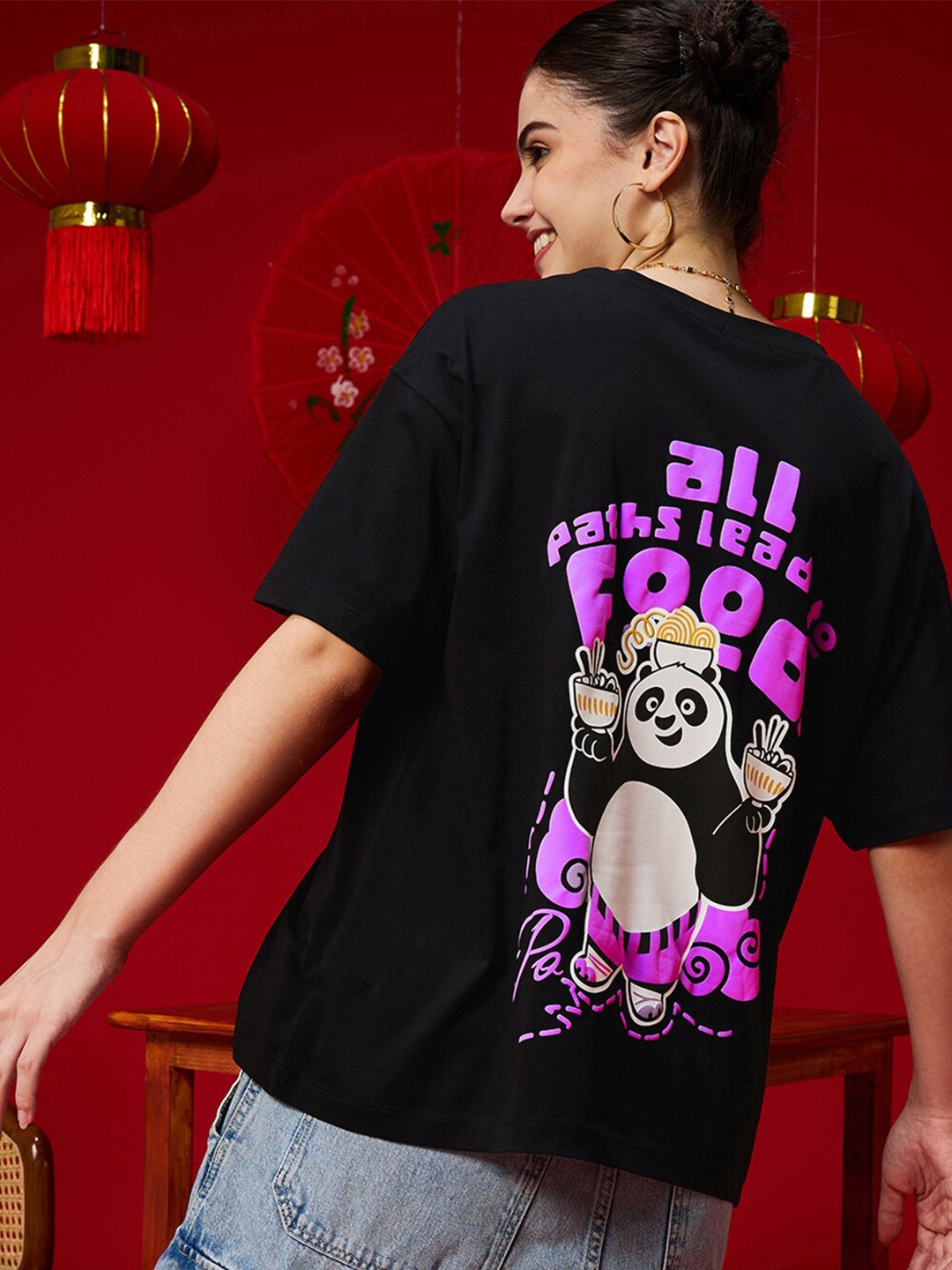 

Bewakoof Black Kung Fu Panda Printed Drop-Shoulder Sleeves Oversized Cotton T-shirt