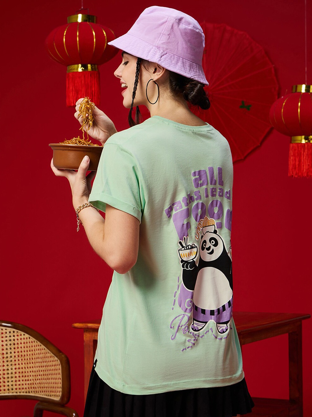 

Bewakoof Green Kung Fu Panda Drop-Shoulder Sleeves Relaxed Fit Boyfriend Cotton T-shirt