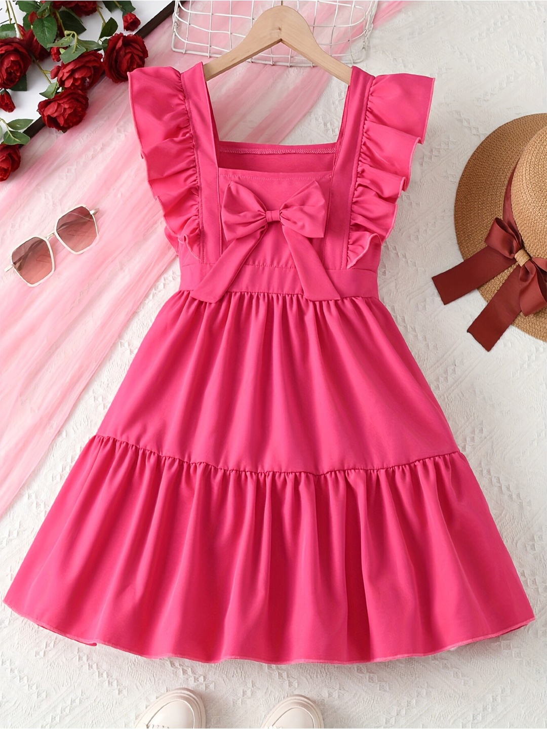 

LYTIX Girls Square Neck Sleeveless Fit & Flare Ruffled Cotton Dress, Pink