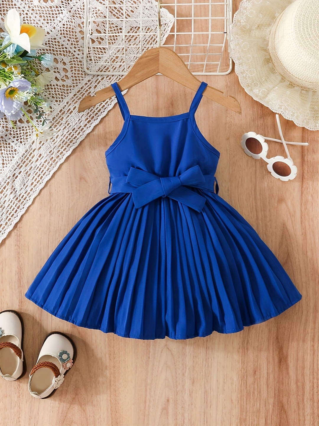 

LYTIX Girls Shoulder Straps Sleeveless Ruffled Fit & Flare Cotton Dress, Blue