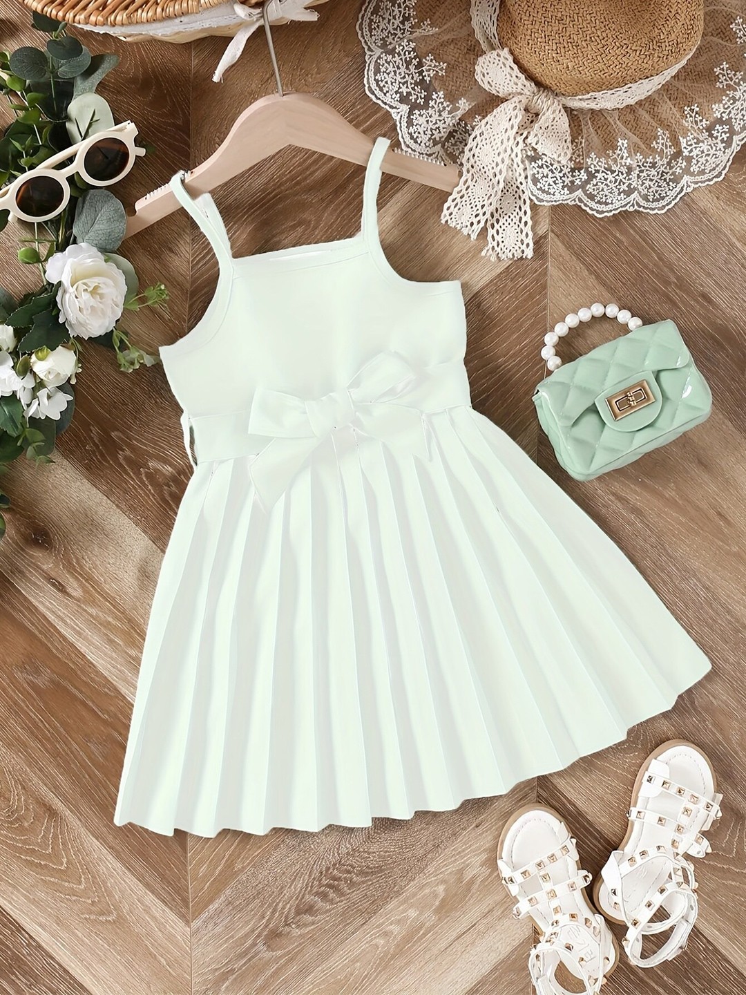 

LYTIX Girls Shoulder Strap Pleated Cotton Fit & Flare Dress, White