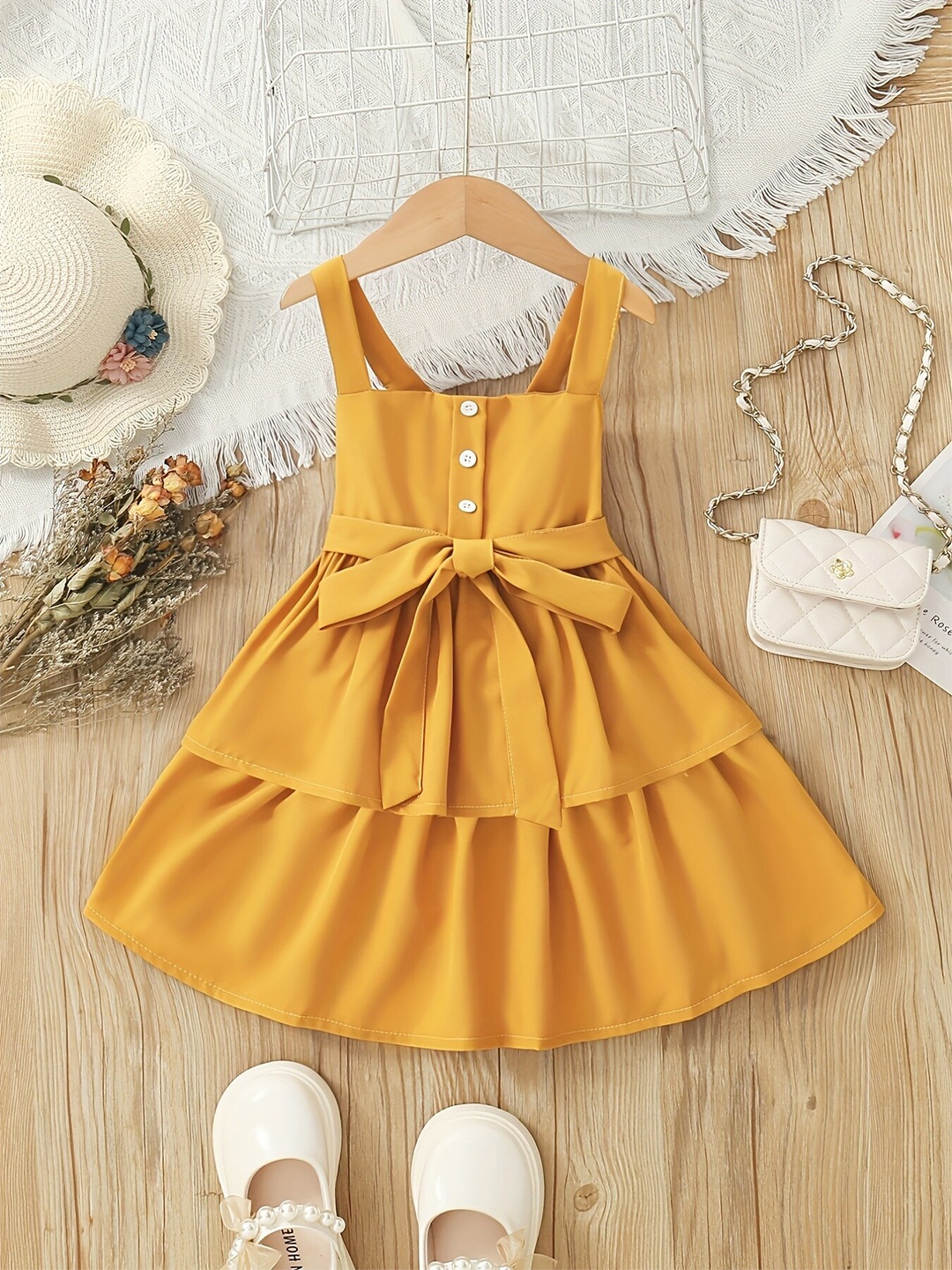 

LYTIX Girls Shoulder Straps Sleeveless Fit & Flare Cotton Dress, Mustard