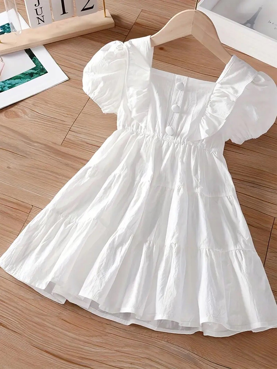 

LYTIX Puff Sleeve Ruffled Fit & Flare Dress, White