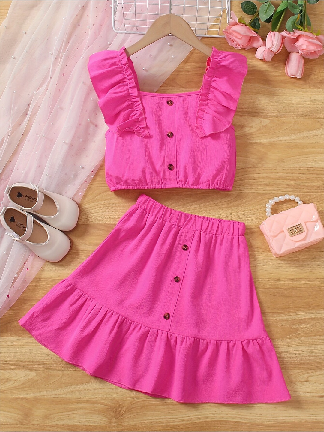 

LYTIX Girls Shoulder Straps Pure Cotton Top & Skirt, Pink