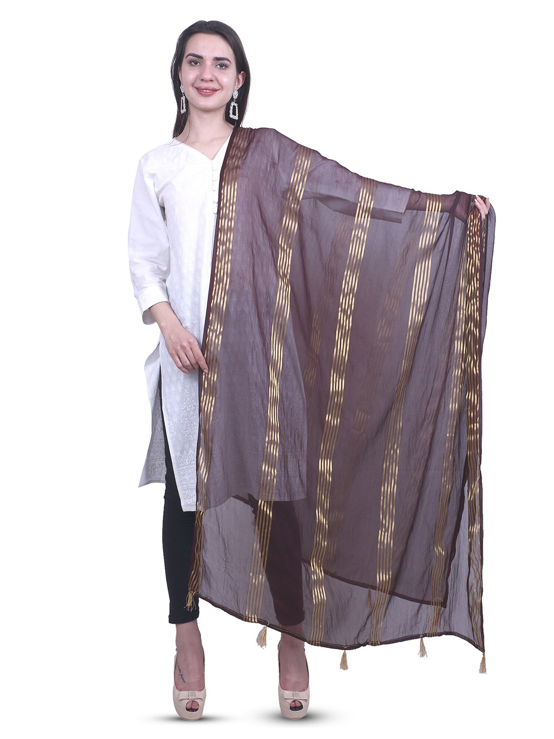 

Alakh Creation Striped Chiffon Woven Design Zari Dupatta, Coffee brown