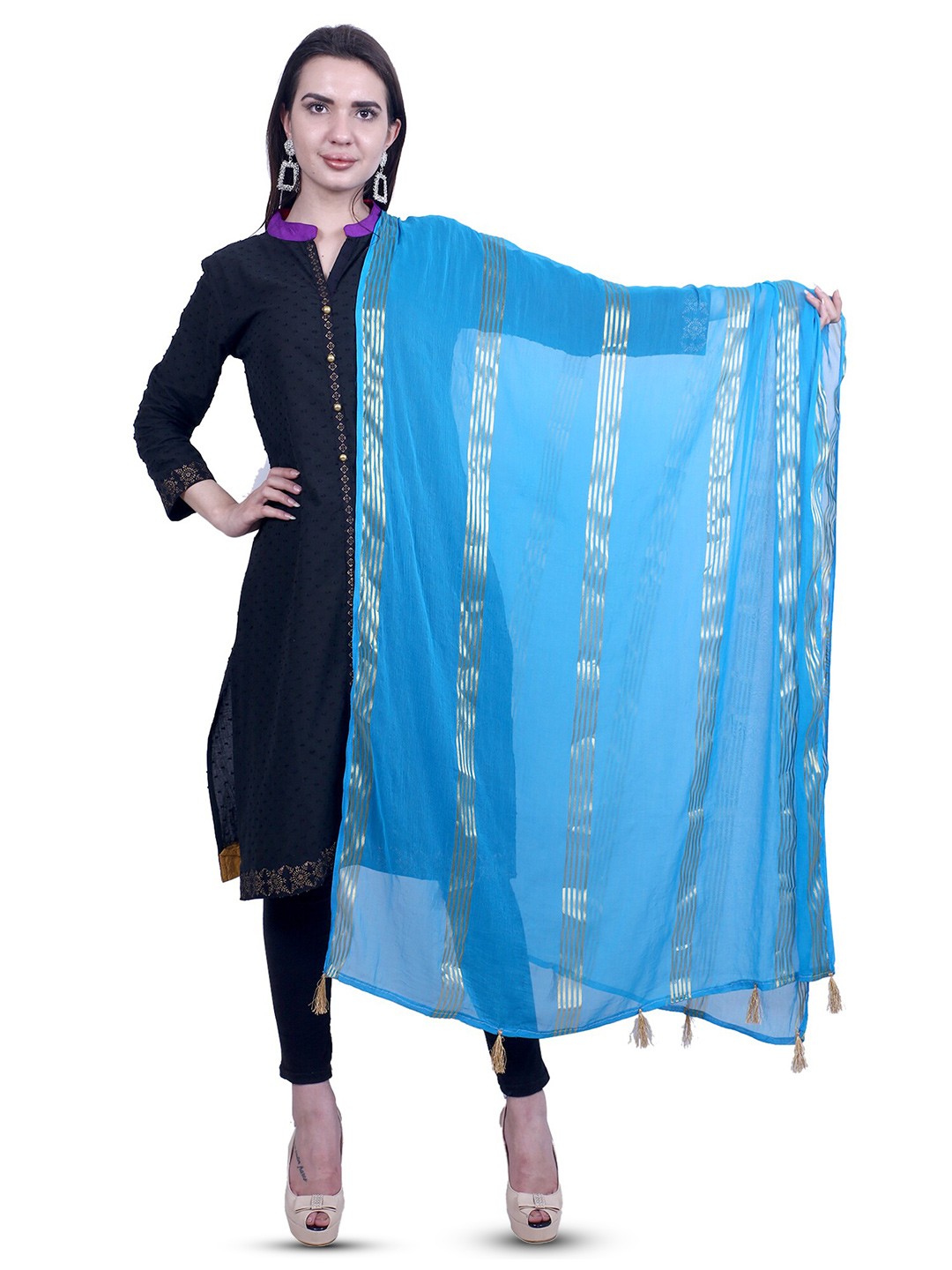 

Alakh Creation Striped Chiffon Woven Design Zari Dupatta, Turquoise blue