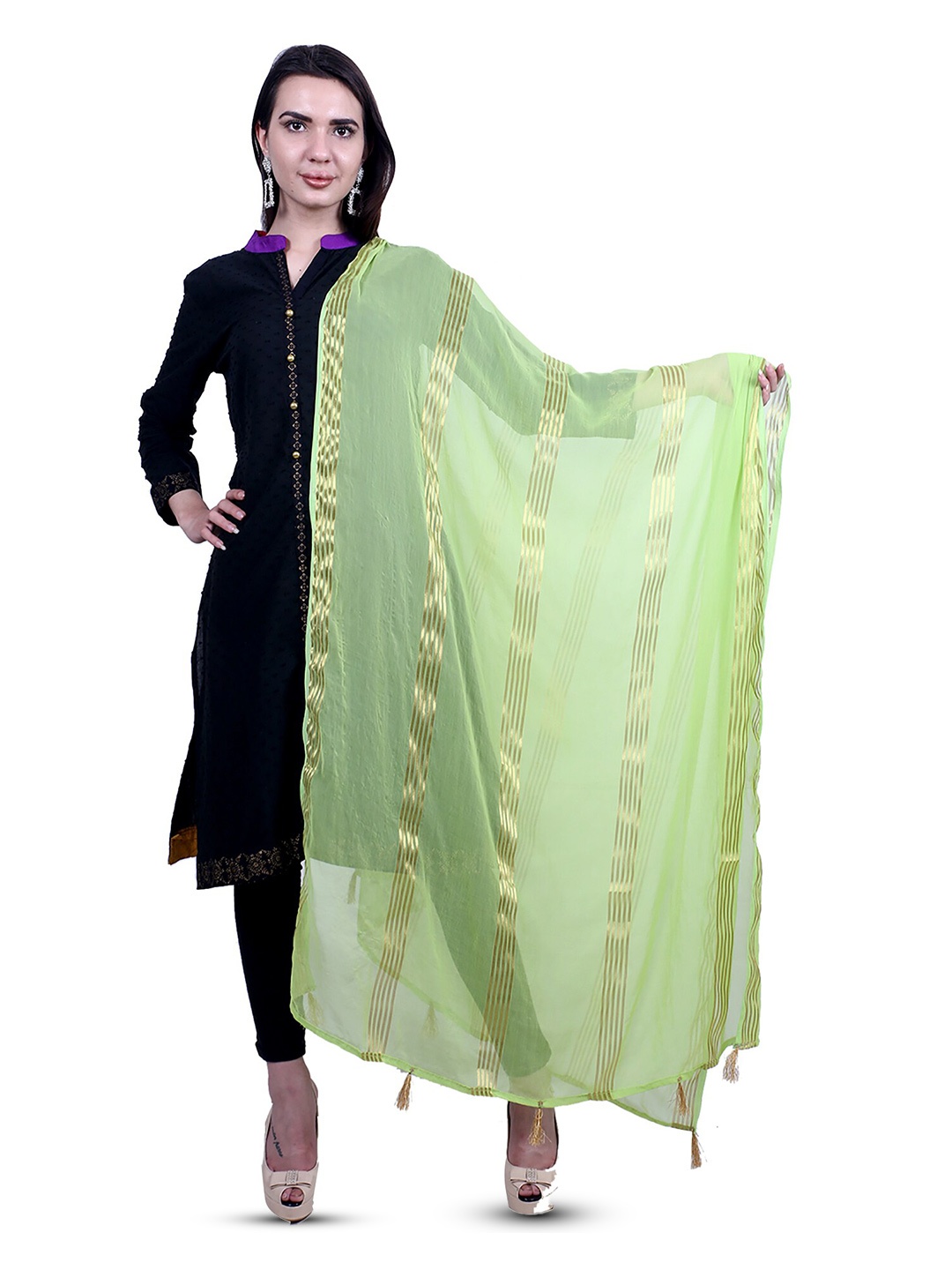 

Alakh Creation Striped Chiffon Woven Design Zari Dupatta, Lime green