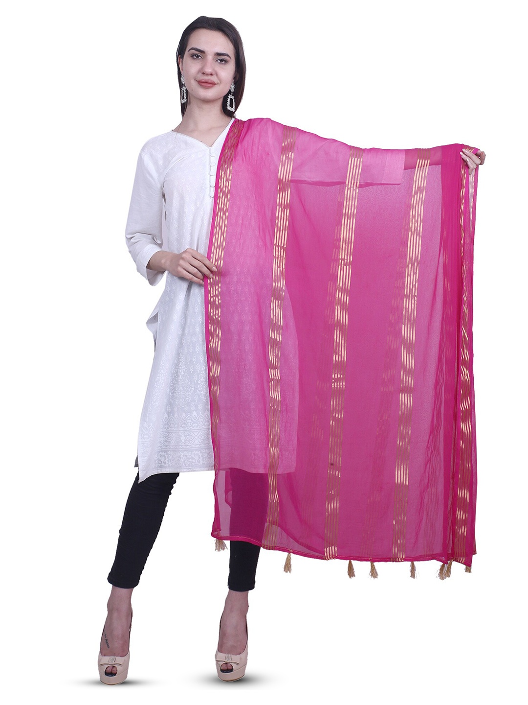 

Alakh Creation Striped Chiffon Woven Design Zari Dupatta, Pink