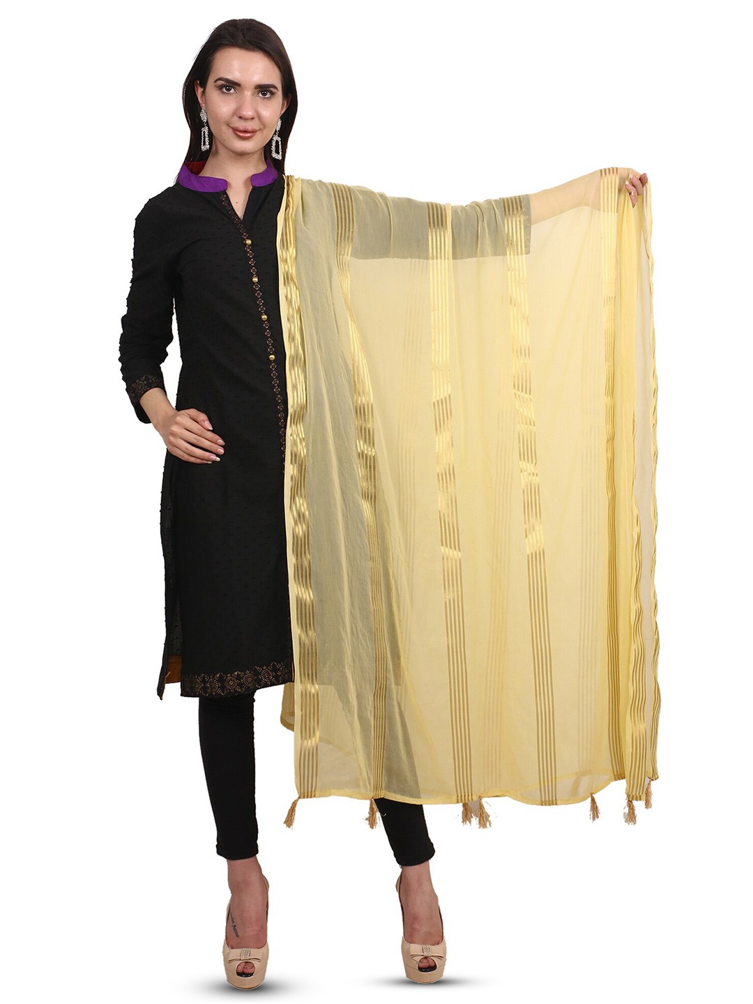 

Alakh Creation Striped Chiffon Woven Design Zari Dupatta, Beige