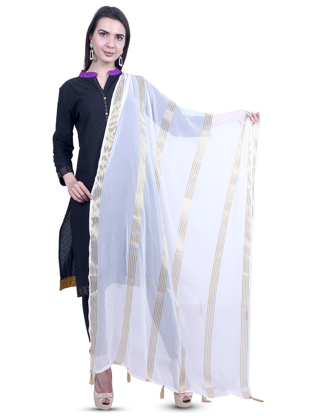 

Alakh Creation Striped Chiffon Woven Design Zari Dupatta, White