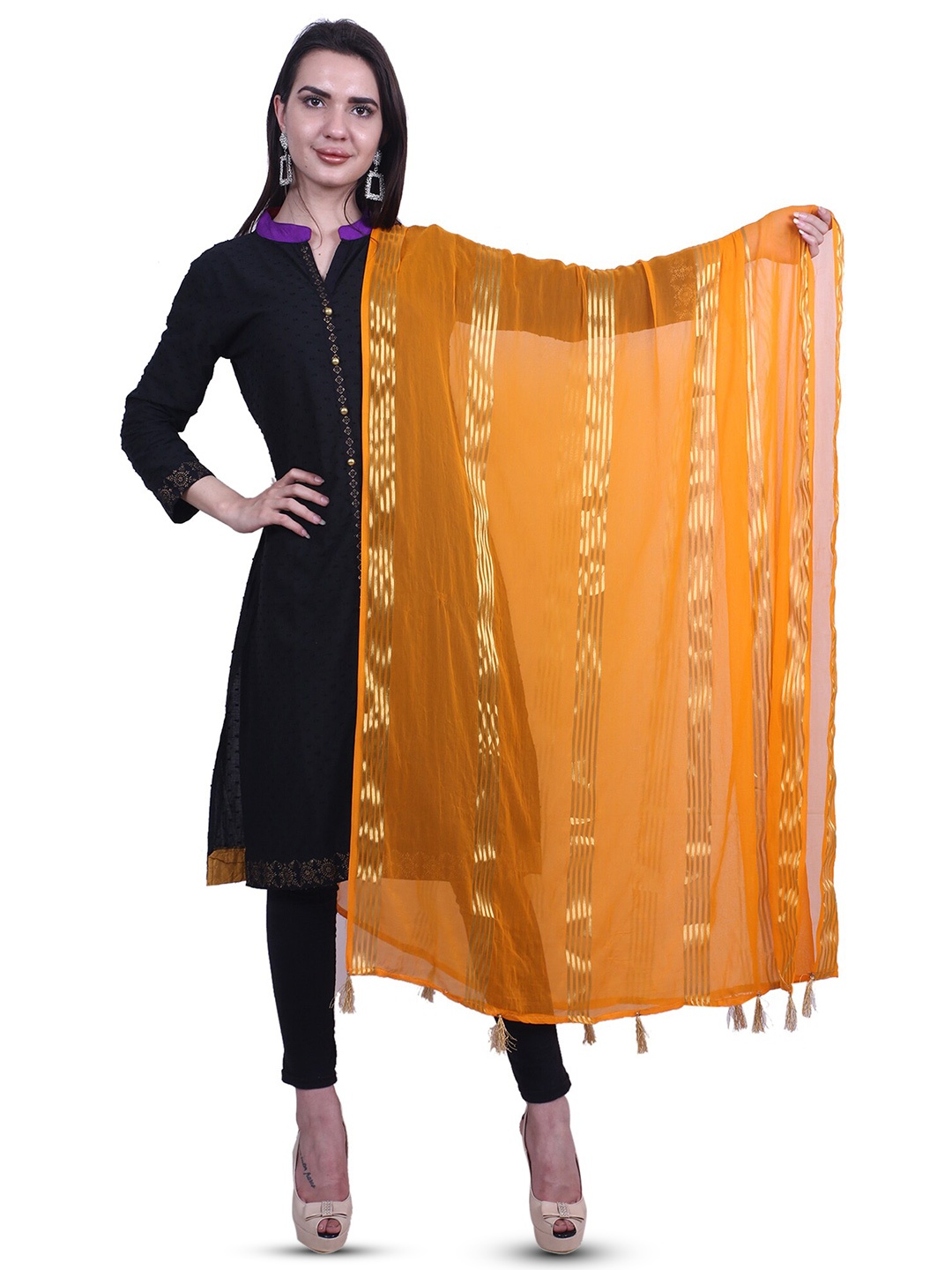 

Alakh Creation Striped Chiffon Woven Design Zari Dupatta, Orange