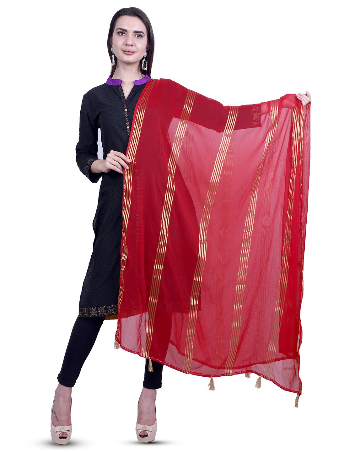 

Alakh Creation Striped Chiffon Woven Design Zari Dupatta, Red
