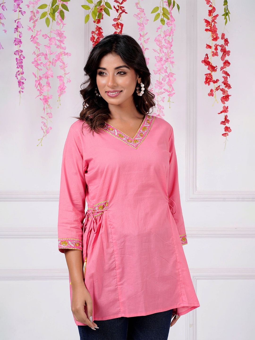 

PARCHHAI Cotton Printed Straight Top, Pink