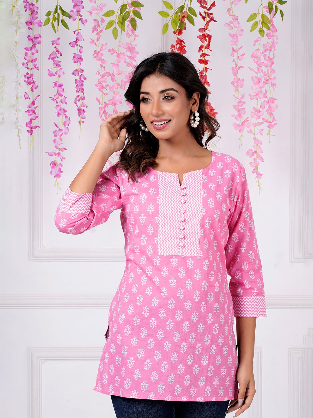 

PARCHHAI Floral Printed Pure Cotton Straight Top, Pink