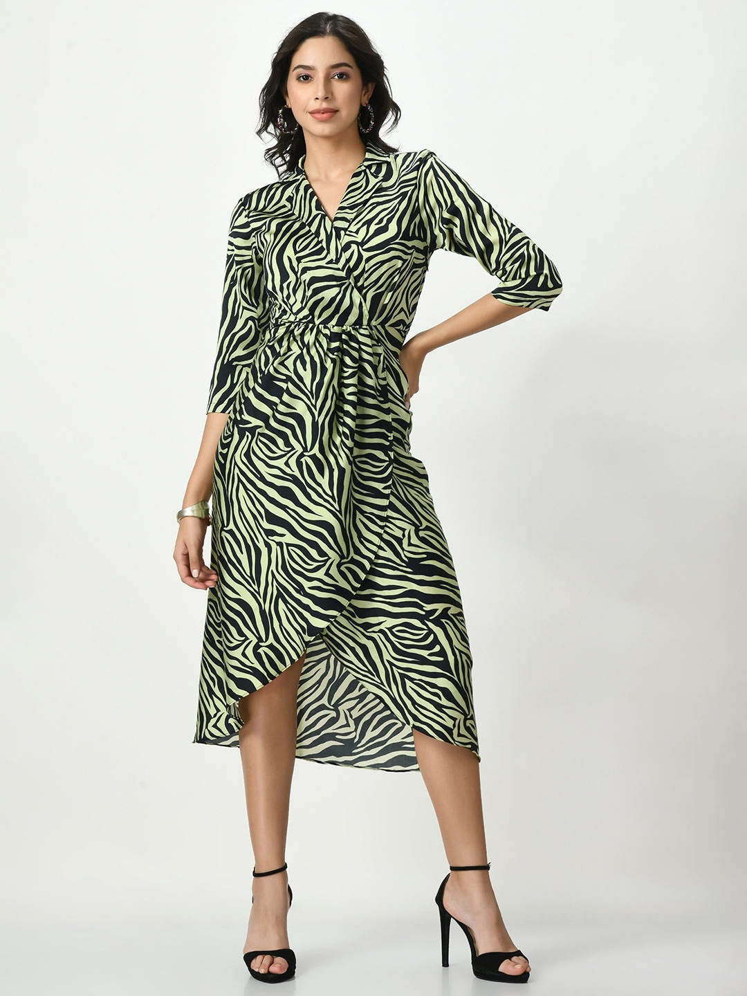 

WAYLENE Animal Print Satin Shirt Midi Dress, Green