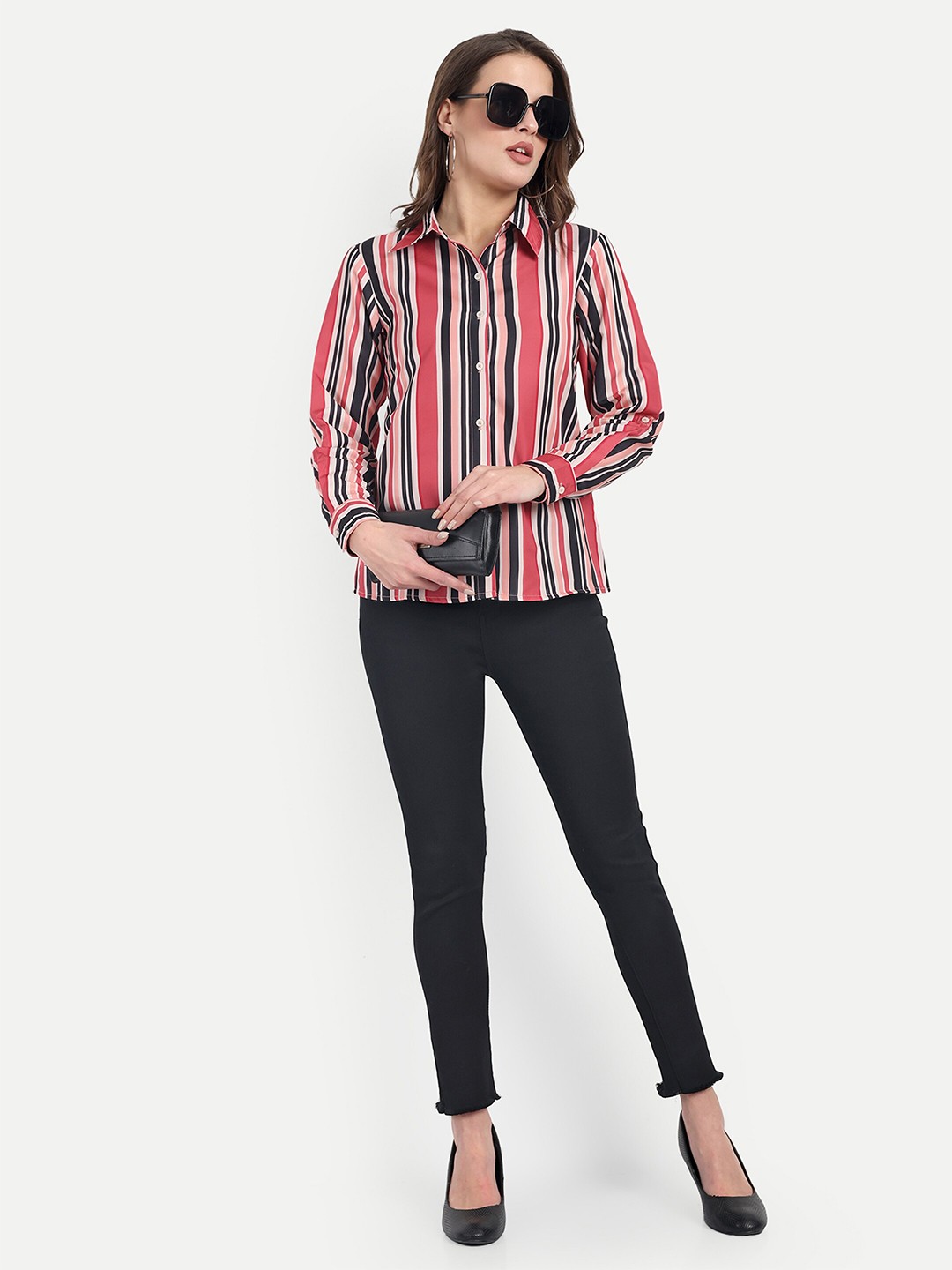 

WAYLENE Smart Opaque Striped Casual Shirt, Red