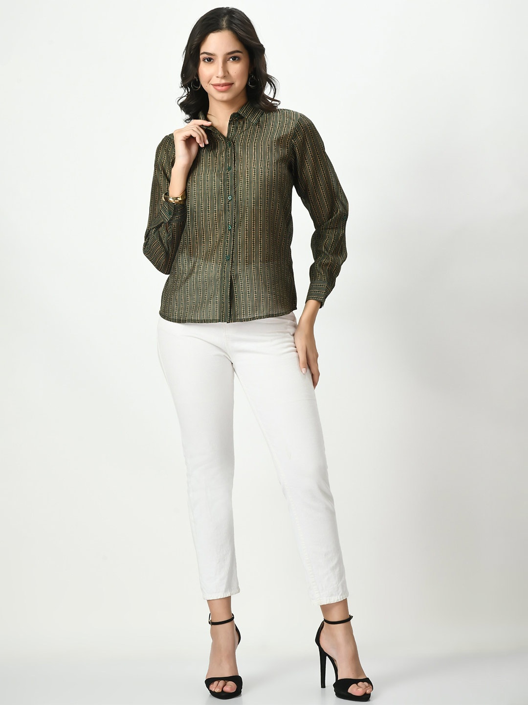 

WAYLENE Smart Semi Sheer Striped Casual Shirt, Green
