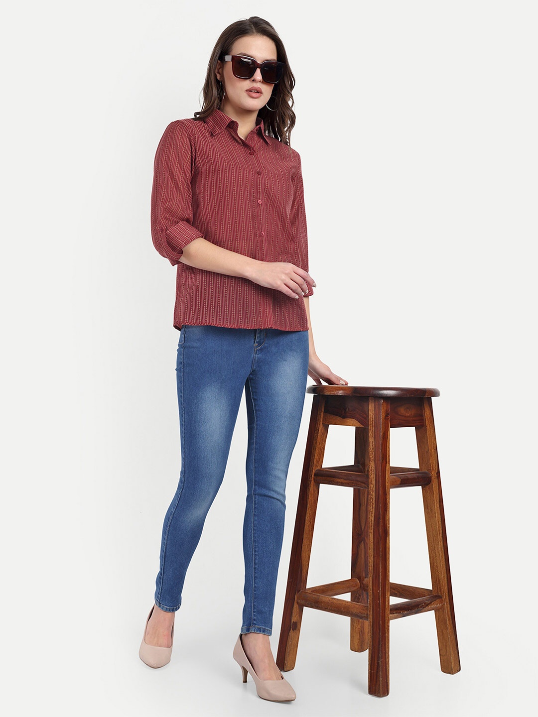 

WAYLENE Smart Semi Sheer Casual Shirt, Red