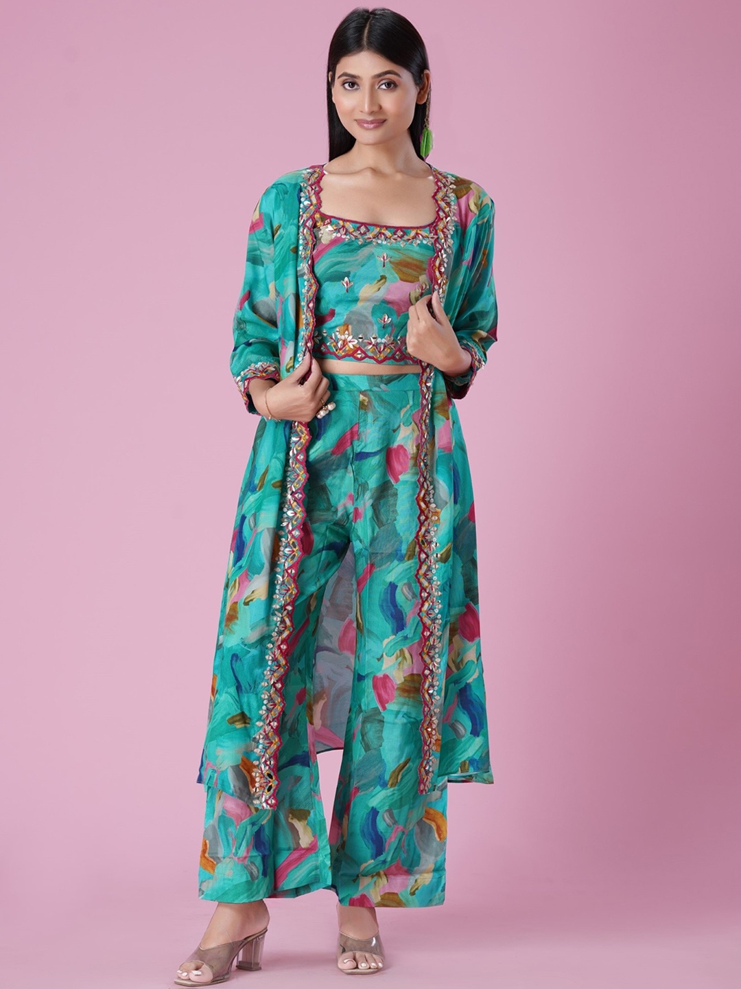 

SajiSaheli Embellished Shoulder Strap Top with Palazzo & Shrug, Blue