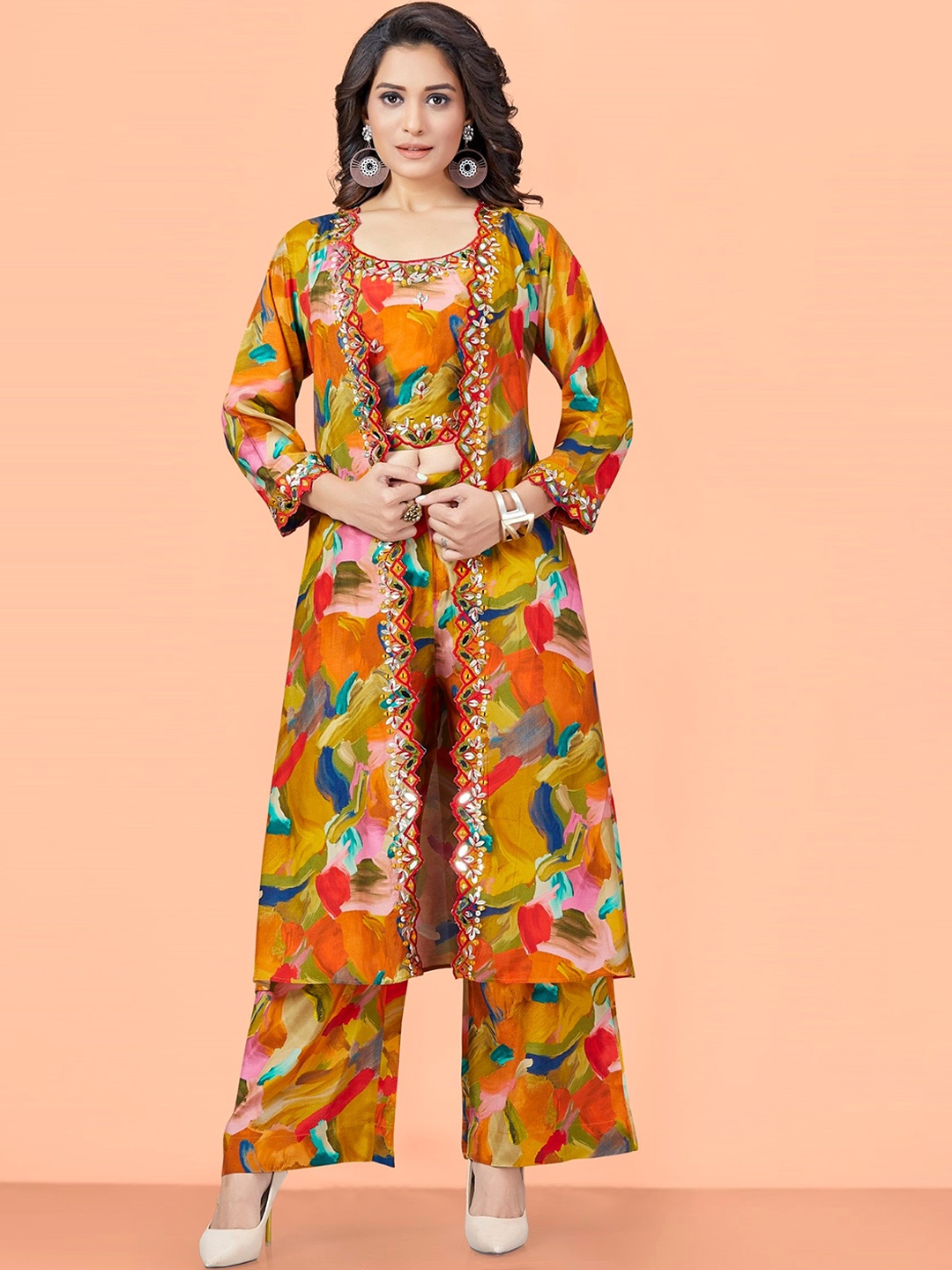 

SajiSaheli Embellished Shoulder Strap Top with Palazzo & Shrug, Mustard