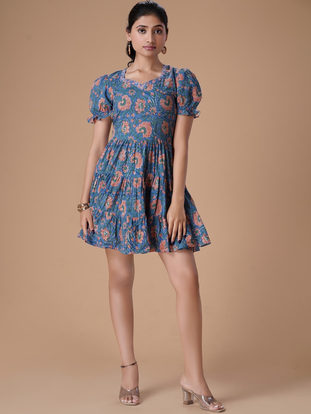 

SajiSaheli Floral Printed Cotton Puff Sleeve Fit & Flare Dress, Blue