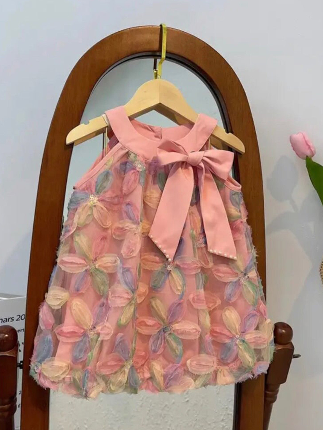 

TrendyKid Girls Self Design Bow Cotton A-Line Dress, Pink