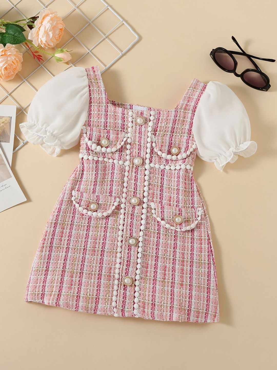 

TrendyKid Girls Checked Puff Sleeves Embellished Cotton A-Line Dress, Pink