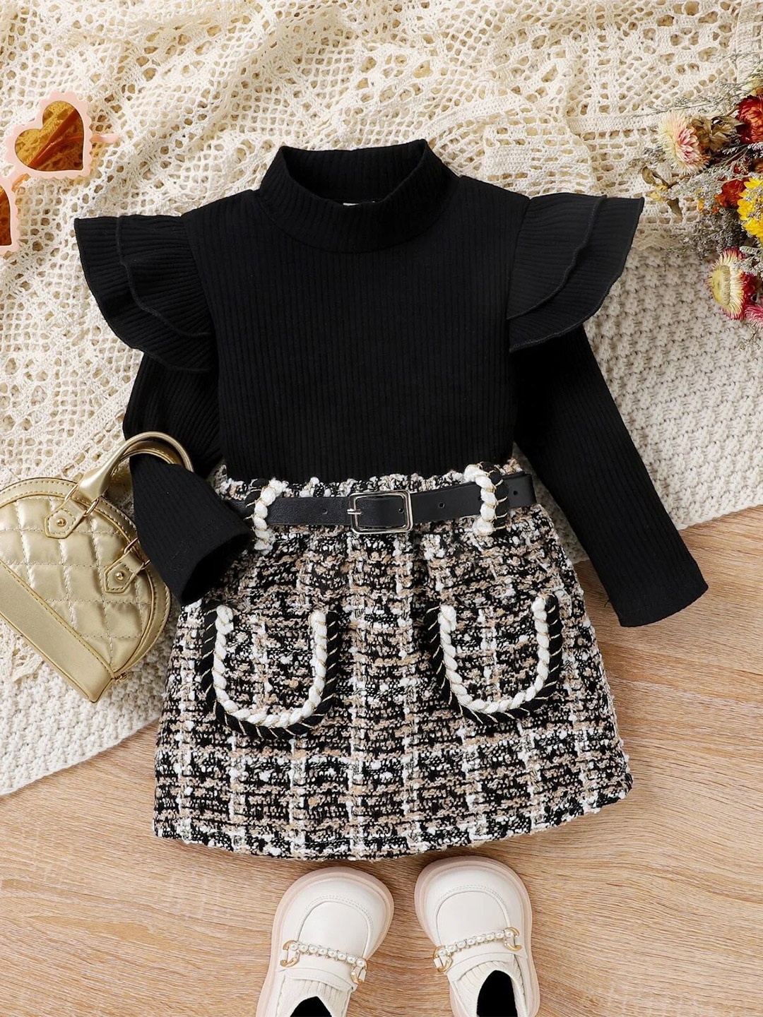 

TrendyKid Girls Long Sleeves Round Neck Cotton Top with Skirt, Black