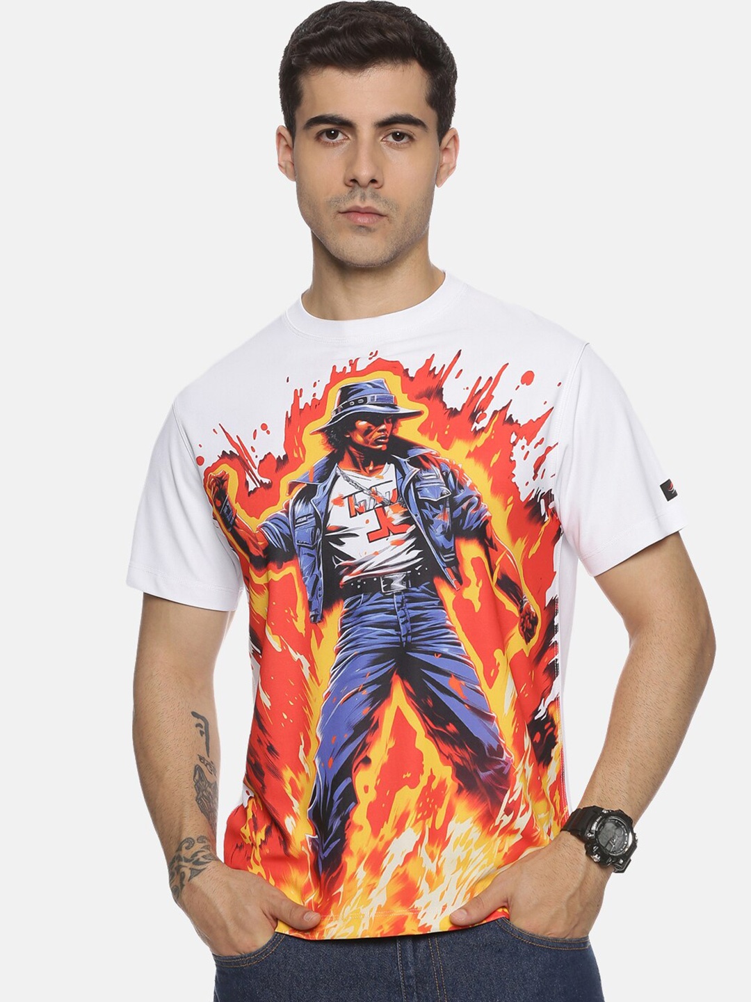 

ABLING Printed Round Neck Sublimation Applique T-shirt, White