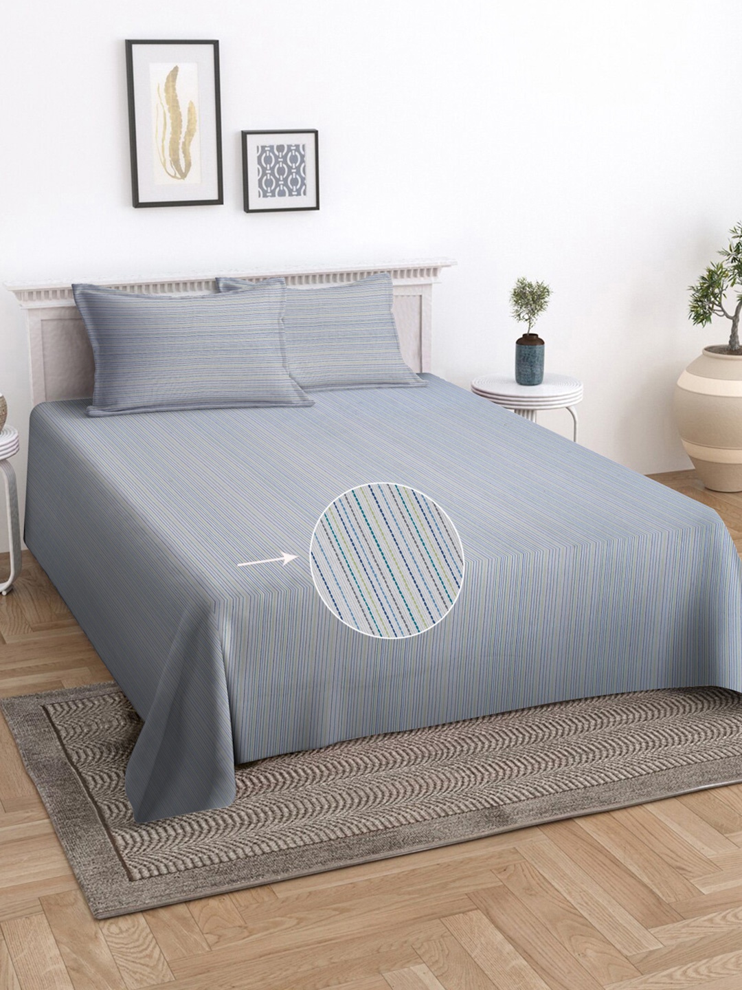 

KLOTTHE Grey Striped 400 TC Pure Cotton Double King Bedcover With 2 Pillow covers