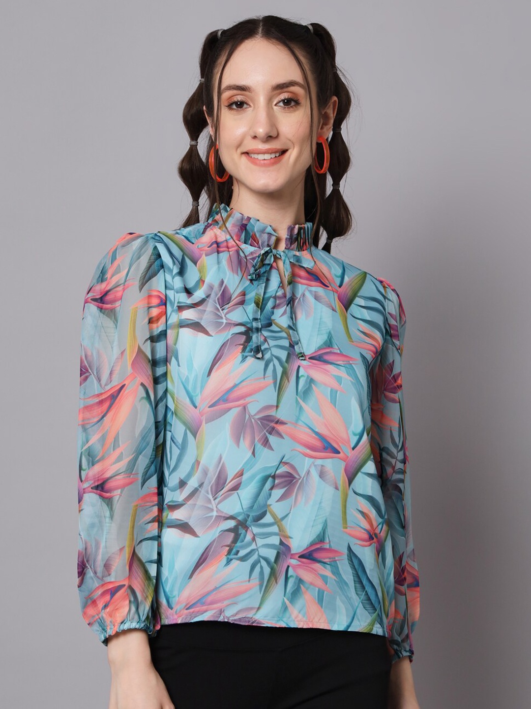 

The Dry State Tropical Print Tie-Up Neck Puff Sleeve Georgette Top, Sea green
