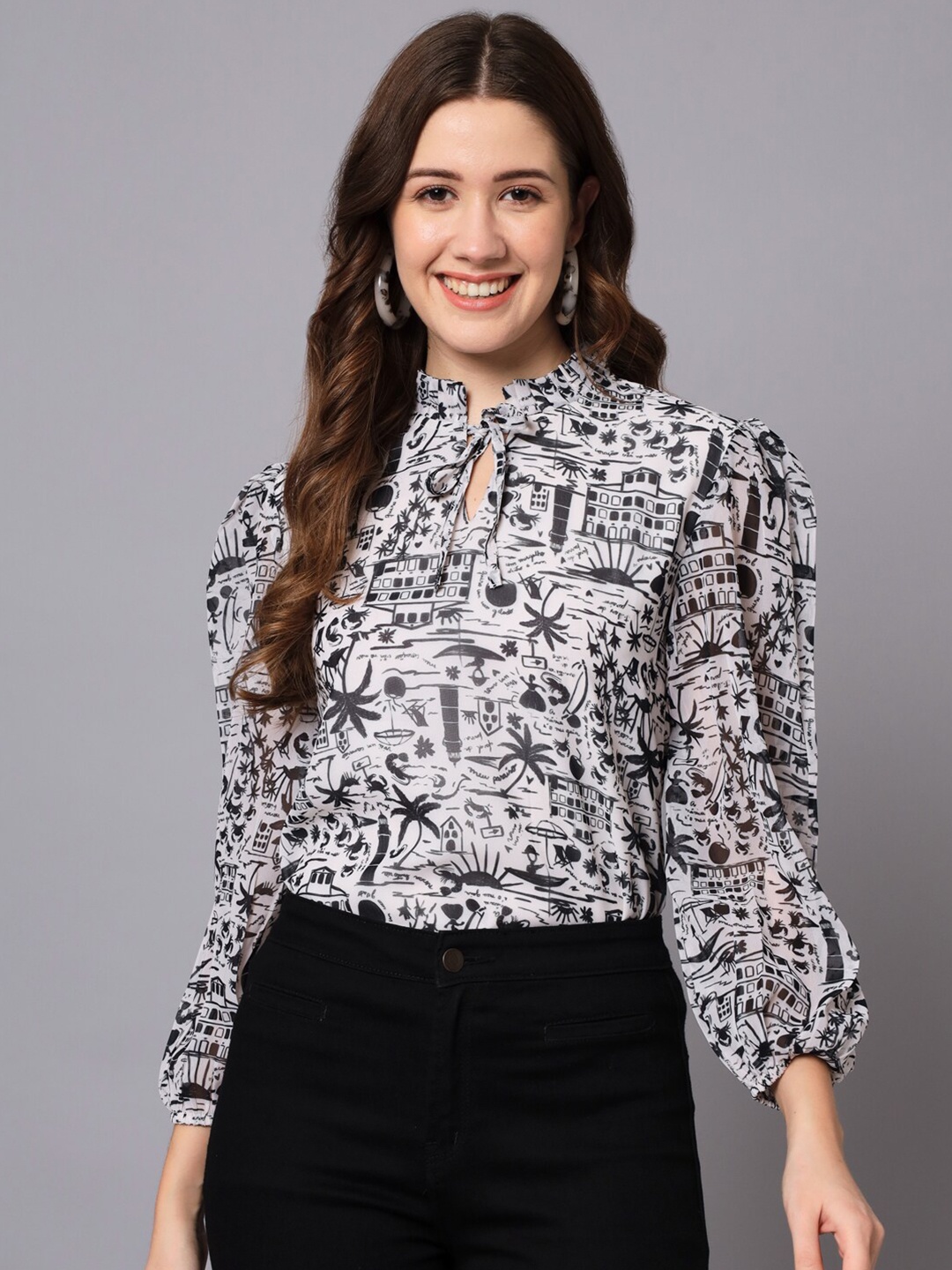 

The Dry State Print Tie-Up Neck Georgette Top, Off white
