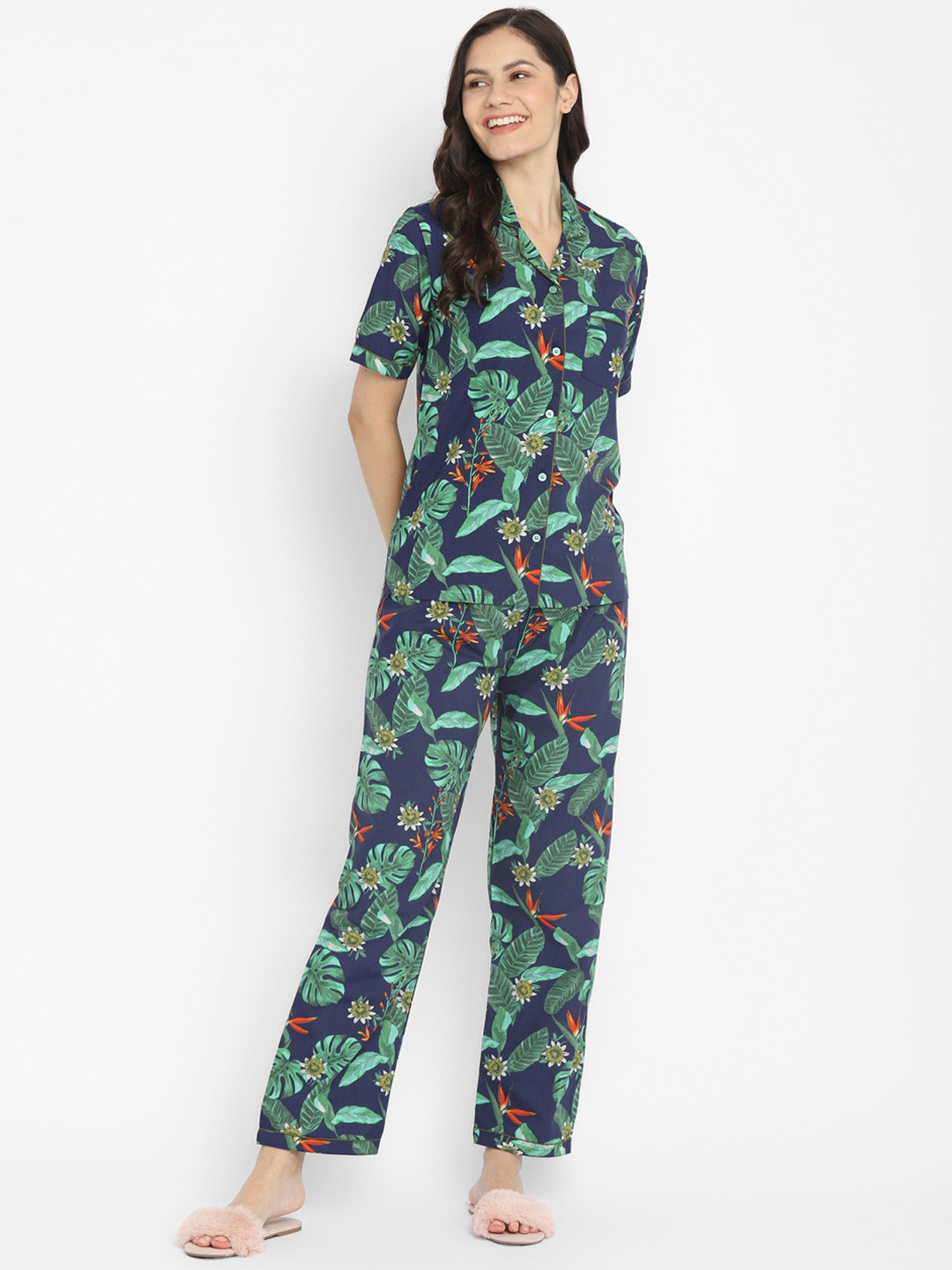 

shopbloom Floral Printed Pure Cotton Night suit, Navy blue