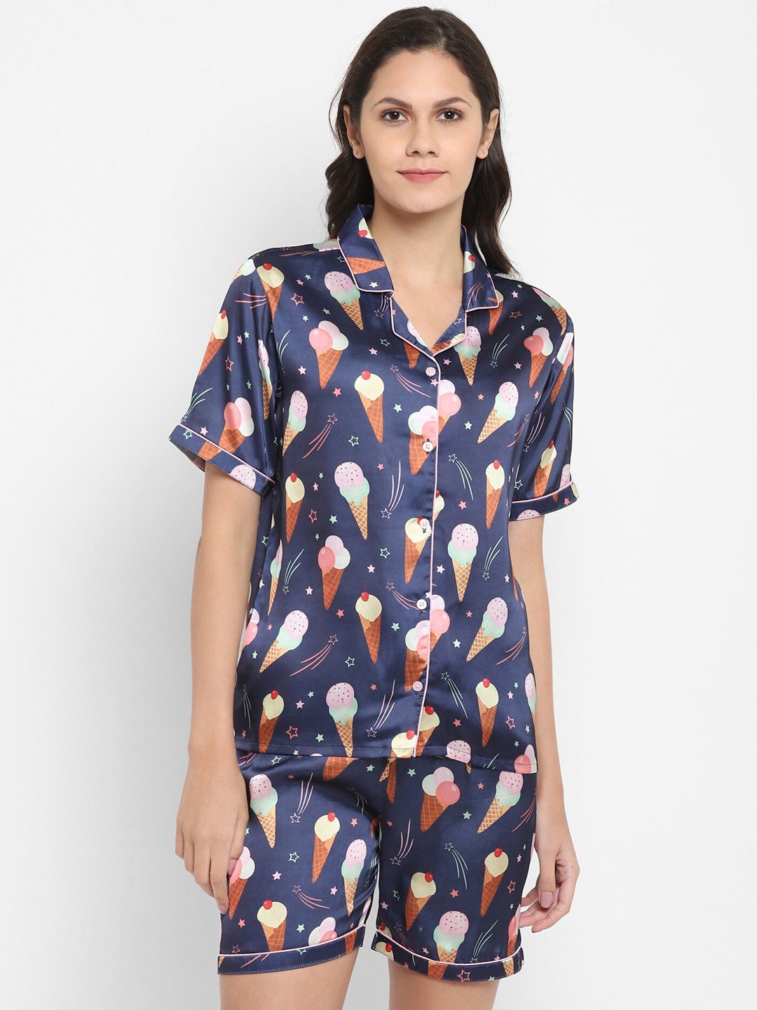 

shopbloom Conversational Printed Satin Night Suit, Navy blue