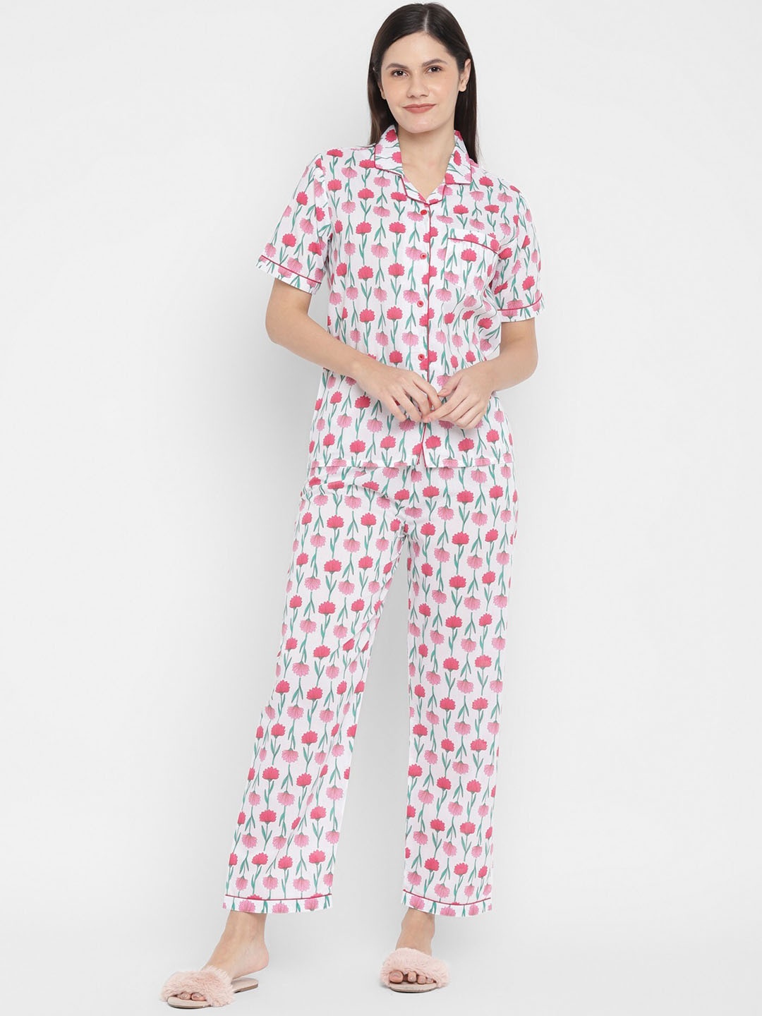 shopbloom Printed Pure Cotton Night suit, White