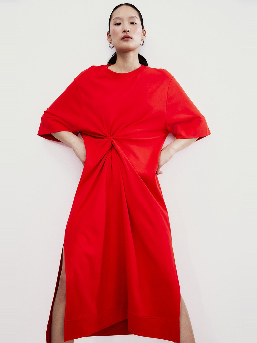 

H&M Cotton Twist-Detail T-shirt Dress, Red