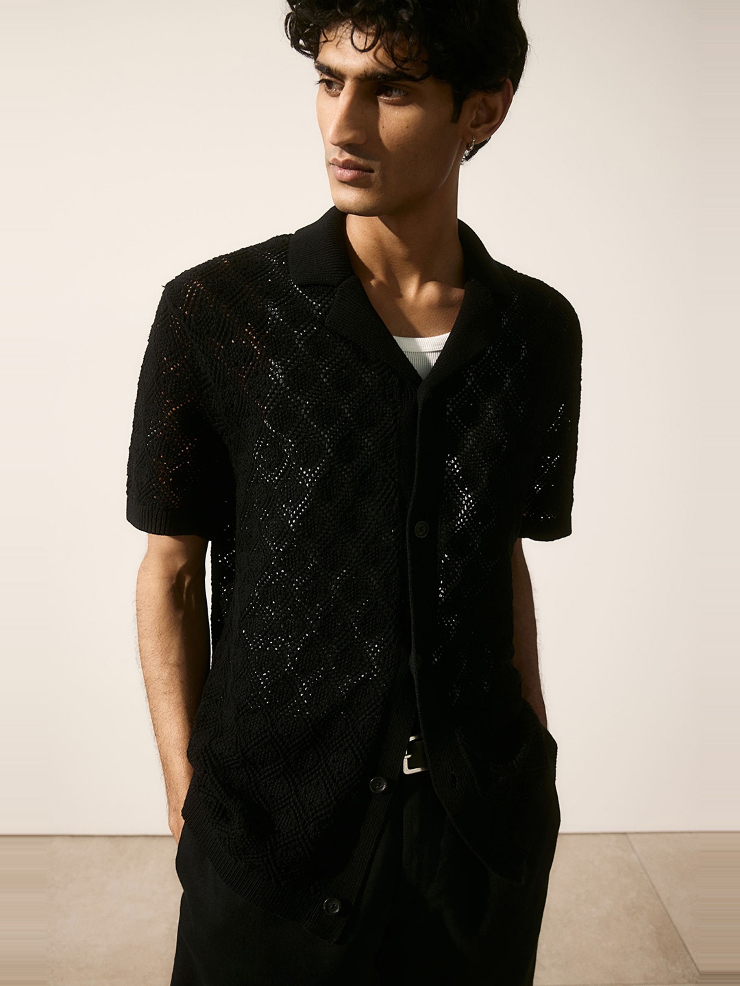 

H&M Regular Fit Crochet-Look Resort Shirt, Black