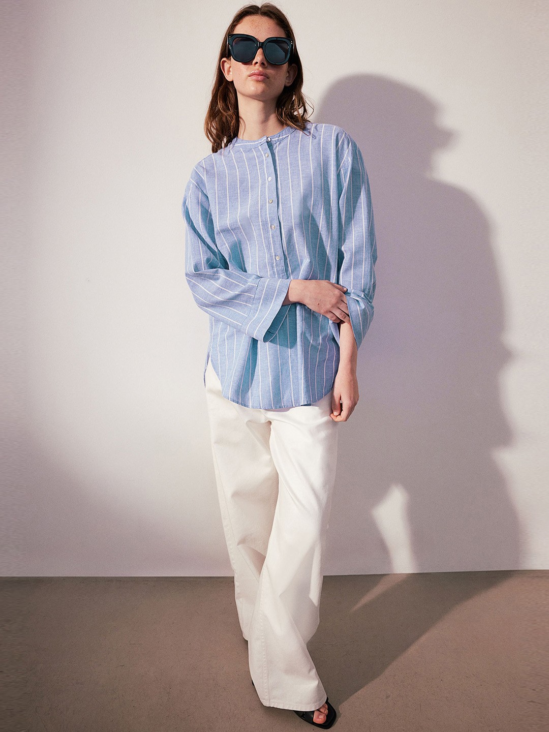 

H&M Linen-Blend Popover Shirt, Blue