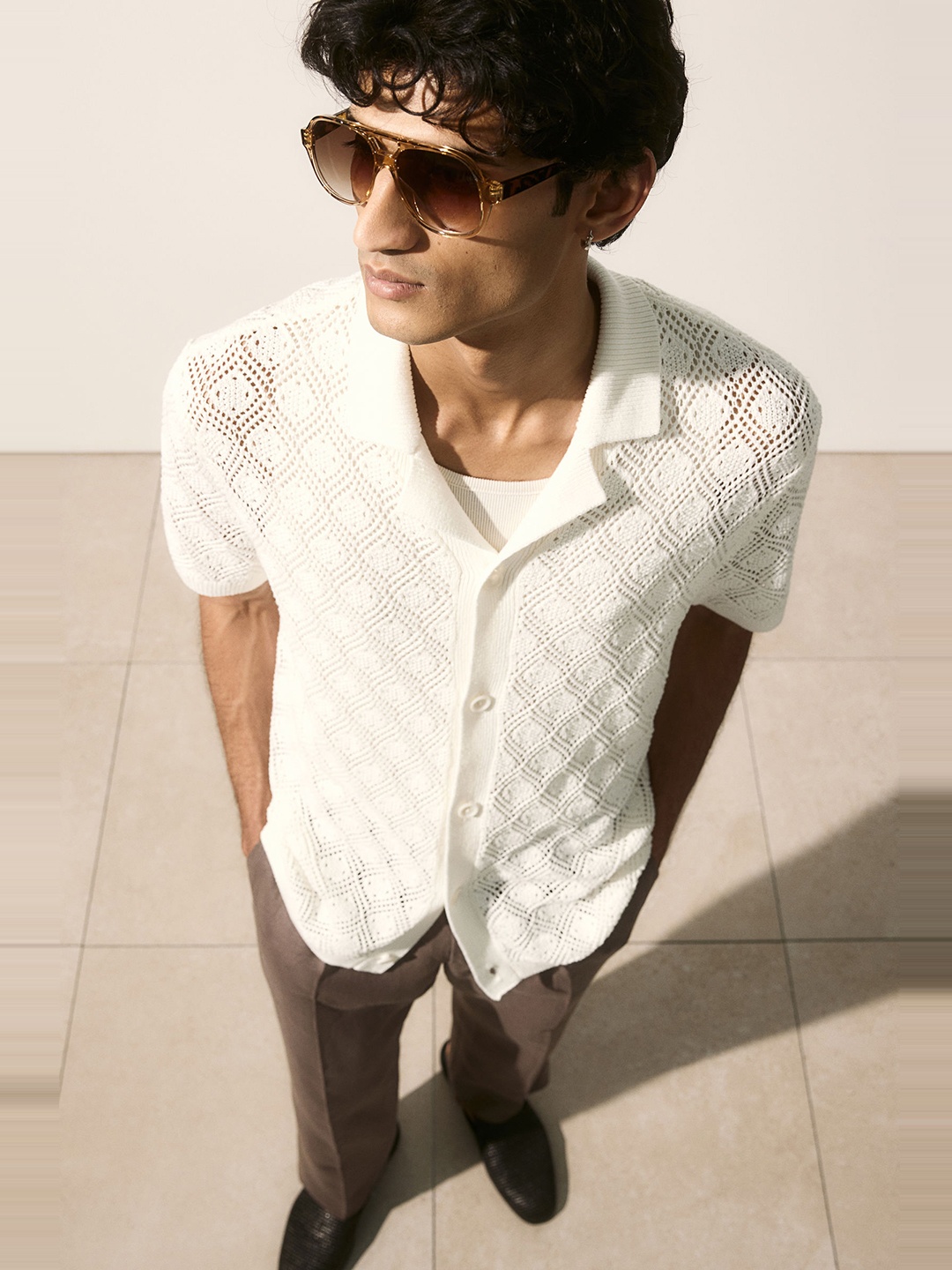 

H&M Pure Cotton Regular Fit Crochet-look Resort Shirt, White