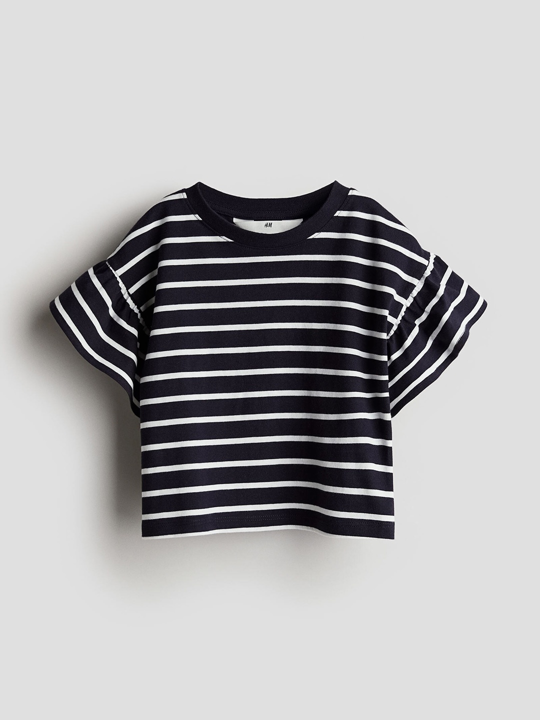 

H&M Girls Pure Cotton Flounce-Sleeved Jersey Top, Navy blue