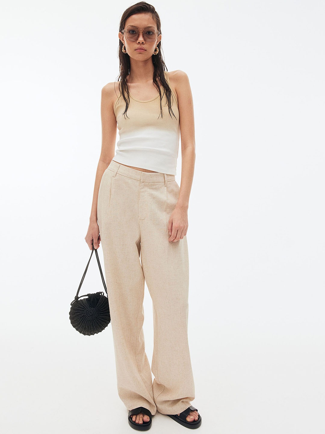 

H&M Women Linen-Blend Tailored Trousers, Beige