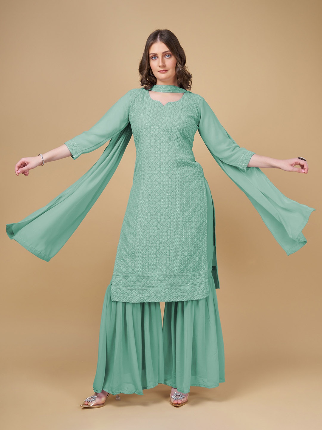 

BERISTON Floral Embroidered Regular Kurta With Sharara & Dupatta, Green