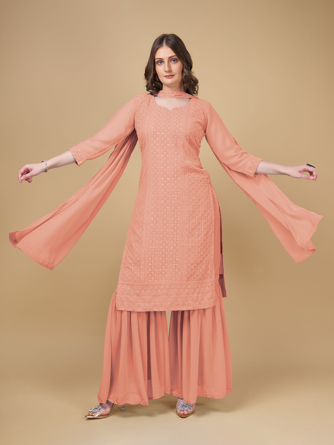 

BERISTON Embroidered Regular Kurta With Sharara & Dupatta, Peach