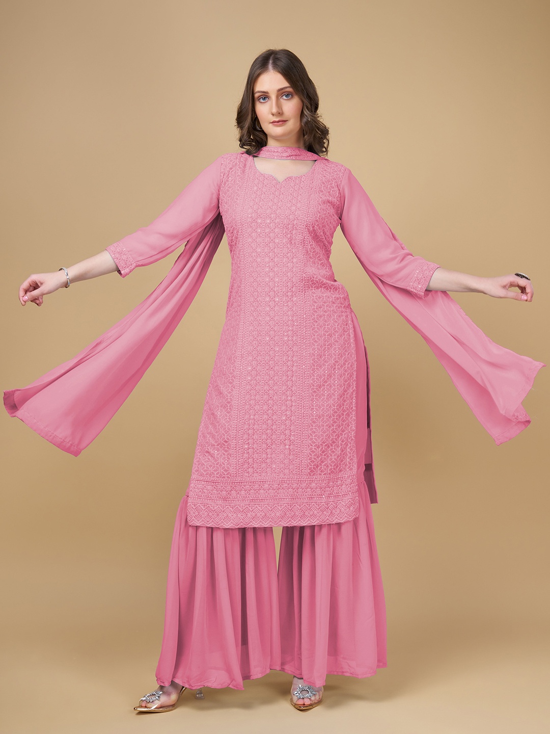 

BERISTON Embroidered Thread Work Regular Kurta With Sharara & Dupatta, Pink