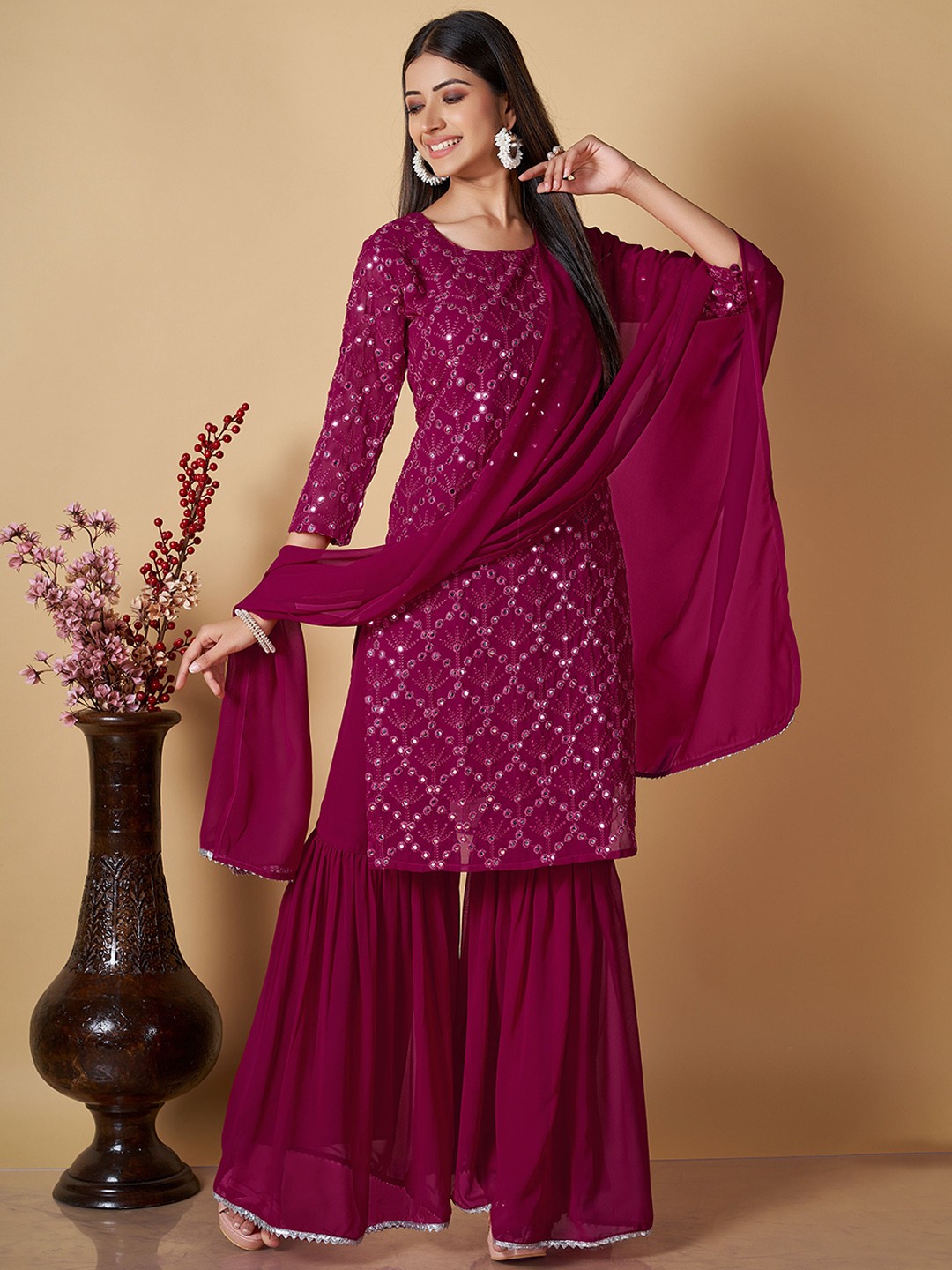 

BERISTON Embroidered Mirror Work Regular Kurta With Sharara & Dupatta, Maroon